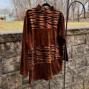 Vintage Brown Tiger Stripe Velour Mock Neck Top